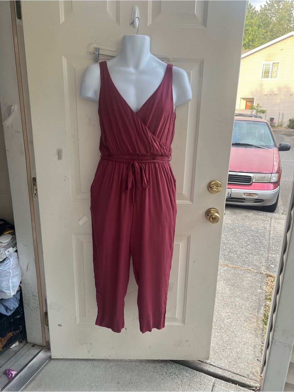 Abercrombie & Fitch Sleeveless V-Neck Jumpsuit in Wine